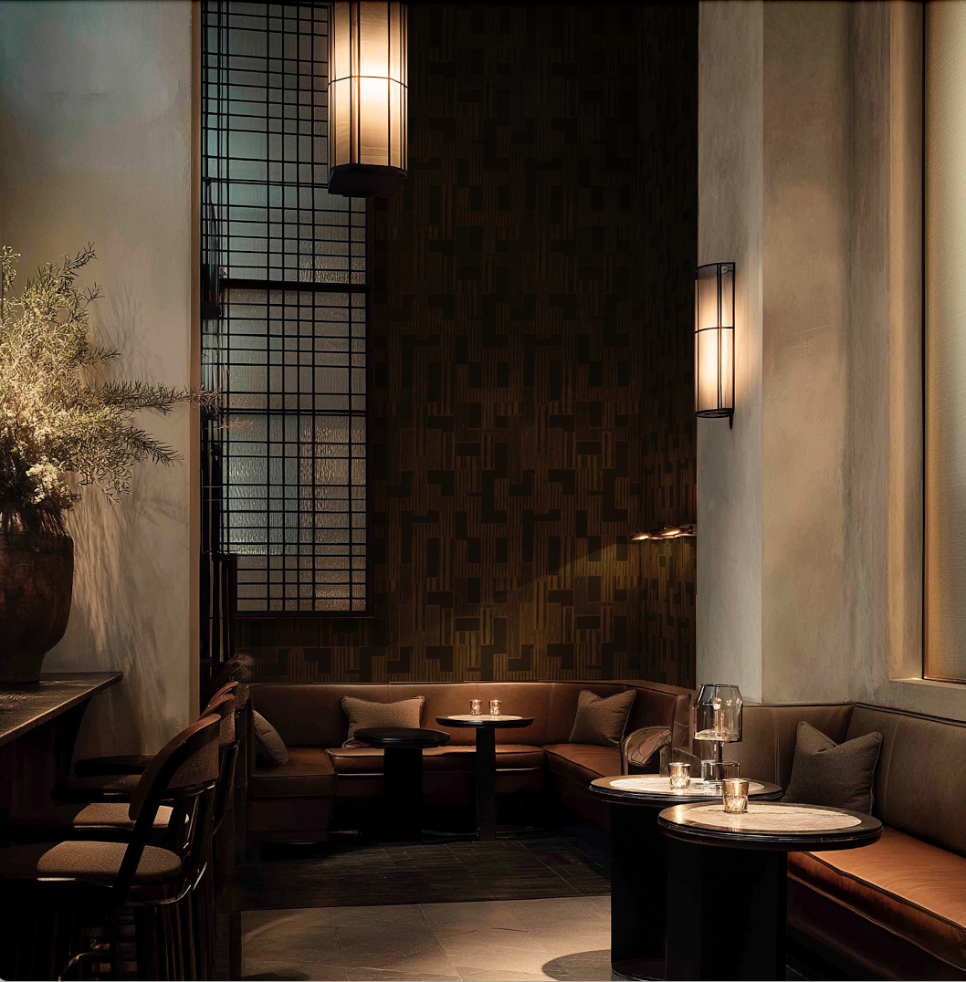 Cozy restaurant interior with dim lighting, wooden furniture, and decorative elements.