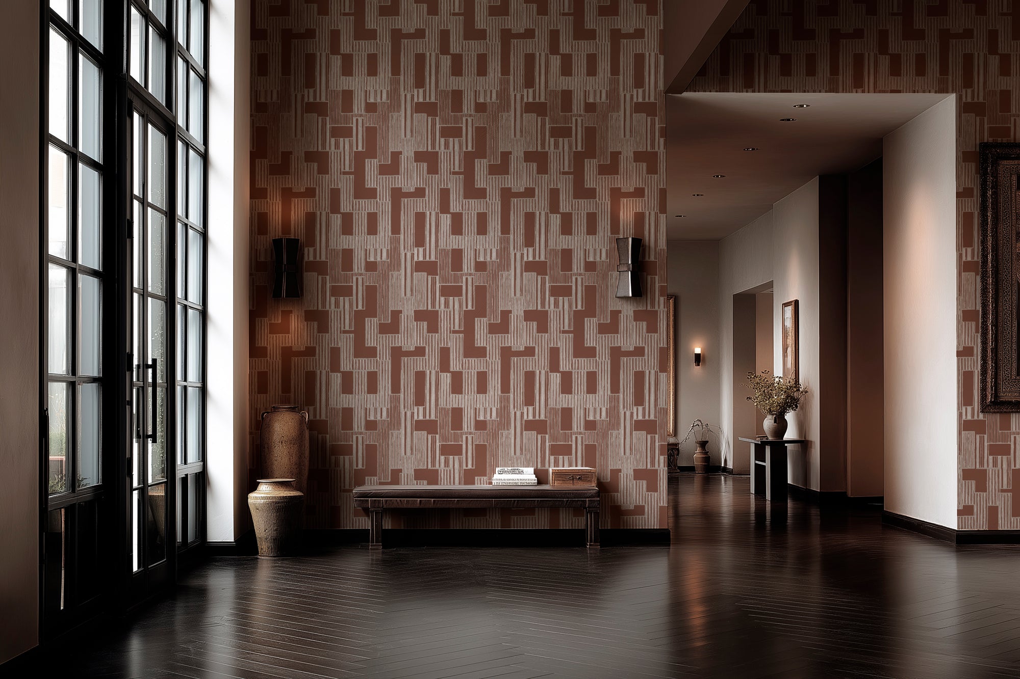 Modern interior with geometric patterned wallpaper and wooden floor.