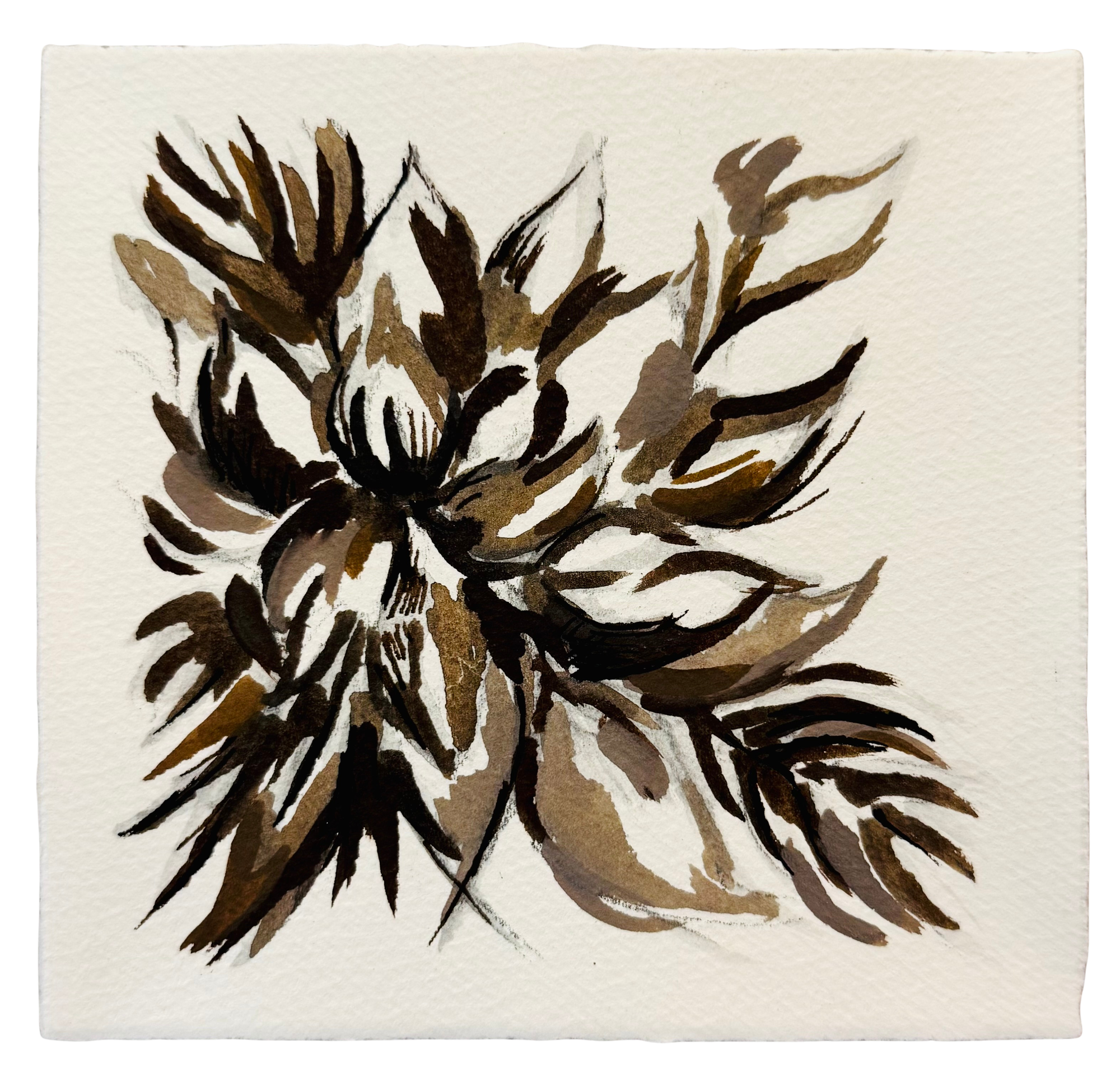 Abstract art piece with brown and black leaf-like shapes on a beige background