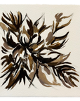 Abstract art piece with brown and black leaf-like shapes on a beige background